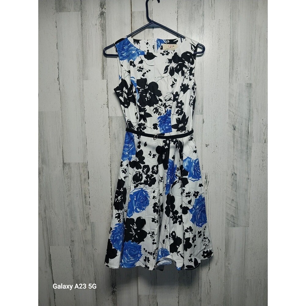 GRACE KARIN Sleeveless Floral Tea Dress with Belt White Blue Size Small